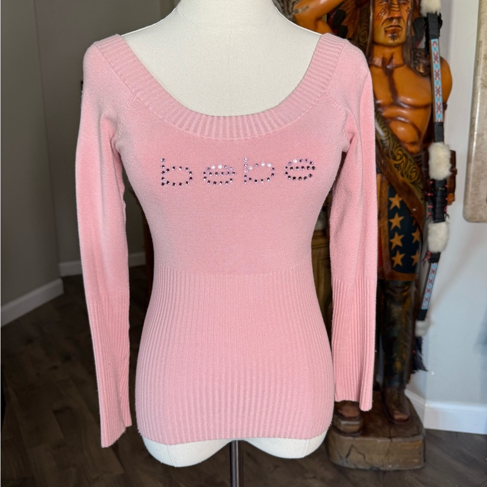 Bebe Logo Blush Pink Boatneck Sweater size medium